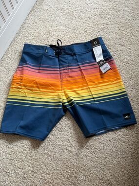 O'Neill Men's Navy Boardshorts with Sunset Stripes - Blue/Orange/Yellow